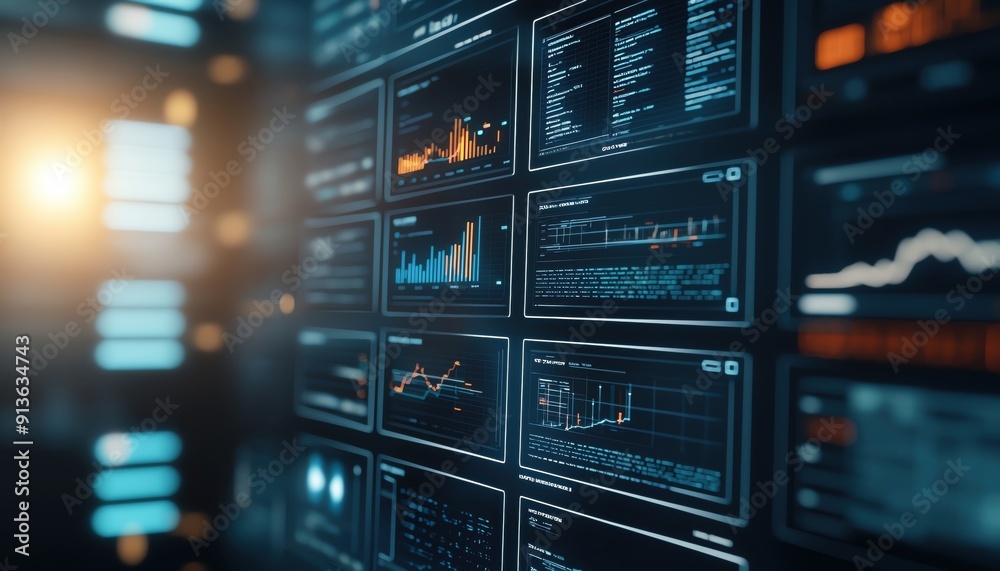 Obraz premium Dynamic data visualization on electronic screens, showcasing various statistics and analytics in a modern digital environment.