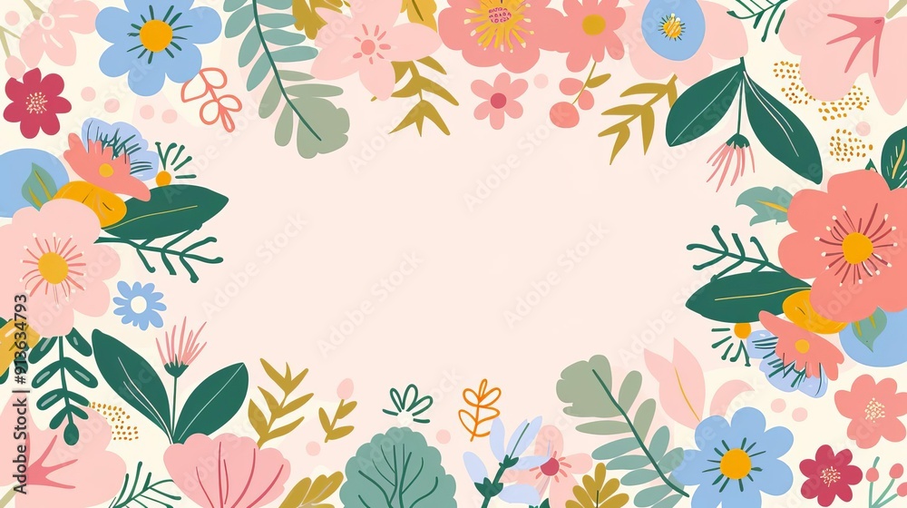 Obraz premium Empty rectangular flower frame, simple modern clean background, flat design illustration