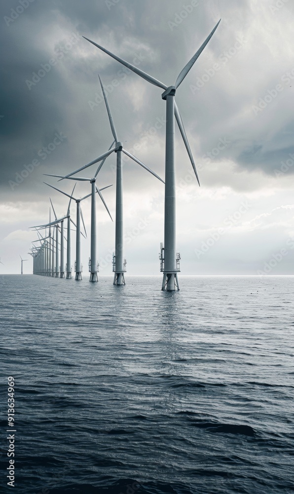 Offshore wind farm with turbines installed in the sea Offshore wind farm with turbines installed in the sea