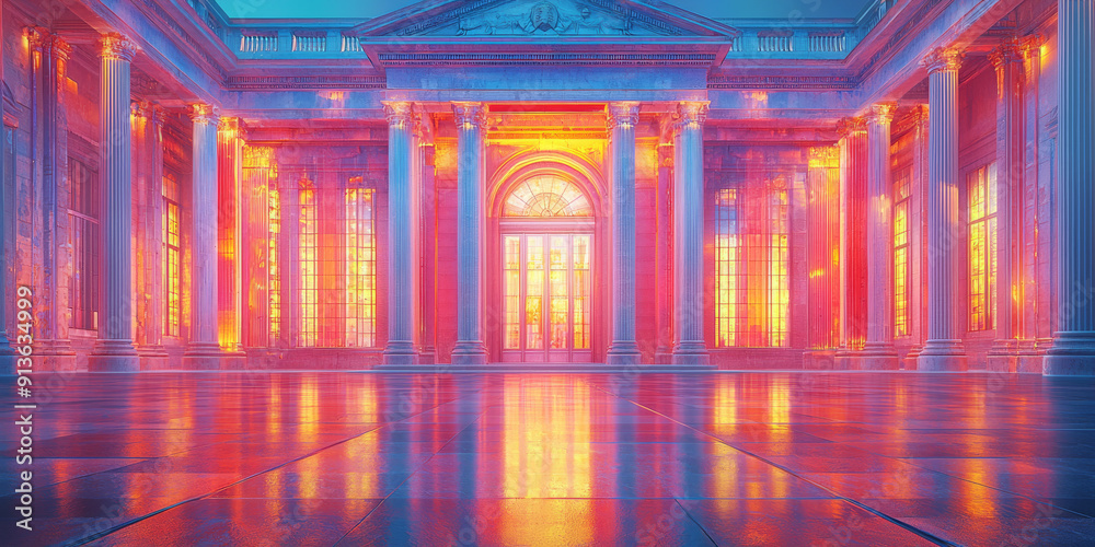 Obraz premium Blue neon glowing outline of a bank building on a dark abstract background, concept of finance and technology