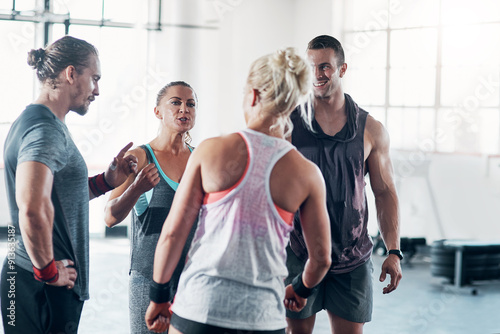Fototapeta Naklejka Na Ścianę i Meble -  Gym, group and coach conversation on fitness, workout and exercise break with friends and discussion, Health, athlete and wellness club with communication of people ready for sport training class
