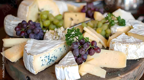 A platter of cheese with grapes and parsley.