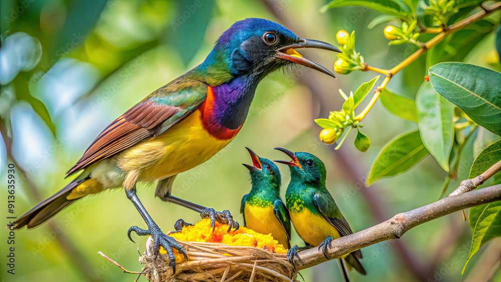 Obraz premium A vibrant tropical bird is feeding its hungry chicks in a nest among lush foliage, showcasing nature's beauty during a sunny day