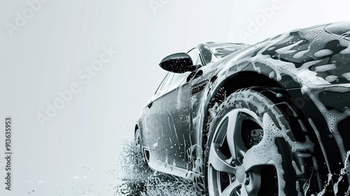 modern stylish car in foam on a car wash on dark background with copy space. car care banner with place for text minimalism. no people. self-service car wash