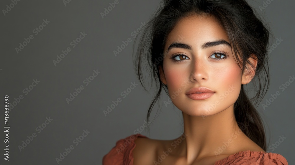 Fototapeta premium A woman with long brown hair and blue eyes is wearing makeup