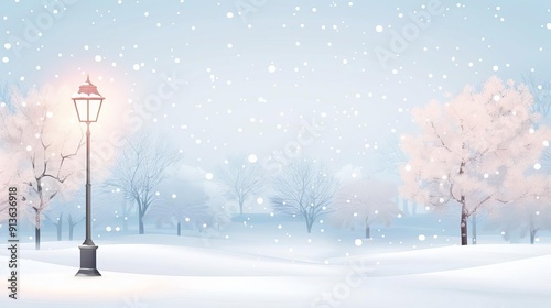 Snowcovered park with lamppost, simple modern clean background photo