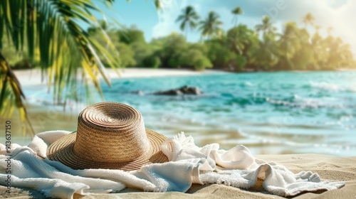 Fototapeta Naklejka Na Ścianę i Meble -  Beach accessories straw hat, towel on sunny tropical Caribbean beach with palm trees and turquoise water, caribbean island vacation, hot summer day. copy space for text.