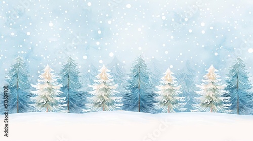 Snowdusted pine trees, tranquil winter scene, watercolor style