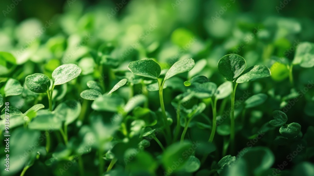 A lush green field of plants with droplets of water on the leaves A lush green field of plants with droplets of water on the leaves