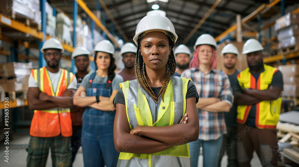 Confident construction team posing in a warehouse, led by a woman in a hard hat and safety vest, showcasing teamwork and diversity in the industrial sector Confident construction team posing in a warehouse, led by a woman in a hard hat and safety vest, showcasing teamwork and diversity in the industrial sector