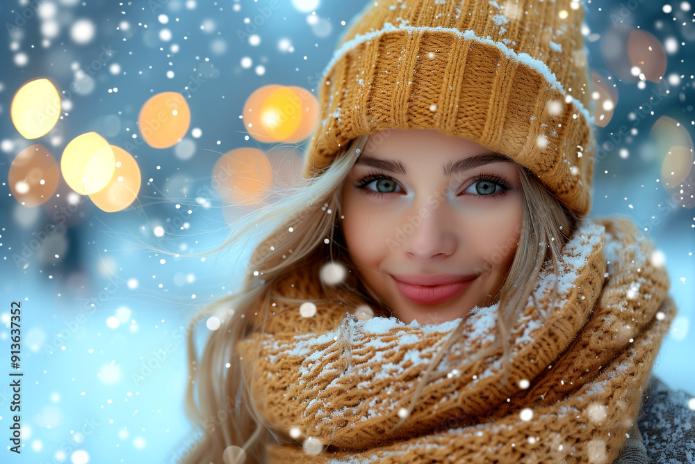 A woman wearing a yellow hat and scarf is smiling in the snow. The image has a bright and cheerful mood, with the woman's smile and the bright colors of her hat and scarf A woman wearing a yellow hat and scarf is smiling in the snow. The image has a bright and cheerful mood, with the woman's smile and the bright colors of her hat and scarf