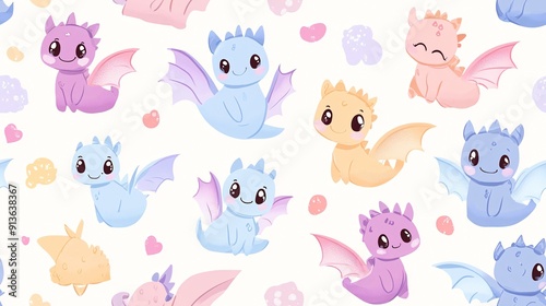 A seamless pattern featuring baby dragons in cute and playful designs. The adorable dragons are illustrated with soft, pastel colors and round shapes, creating a charming and whimsical atmosphere.