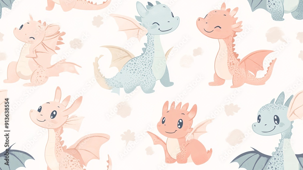 Obraz premium A seamless pattern featuring baby dragons in cute and playful designs. The adorable dragons are illustrated with soft, pastel colors and round shapes, creating a charming and whimsical atmosphere.