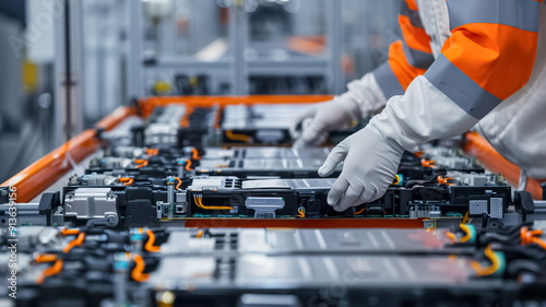 Technicians in safety gear are working on an automated assembly line, handling advanced battery components with precision and care in an industrial setting