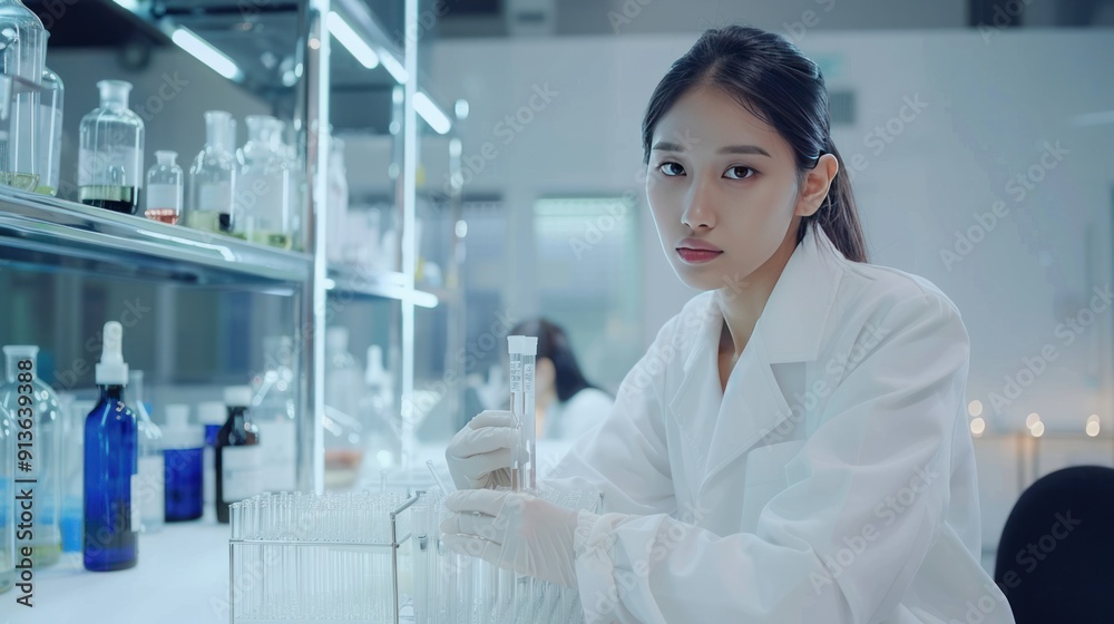 A scientist woman in a lab coat is holding a test tube in laboratory A scientist woman in a lab coat is holding a test tube in laboratory
