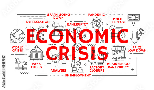 Economic crisis line icons of global financial downturn and business bankruptcy, vector banner. Money loss and banking crisis icons of depreciation, unemployment and price decrease of pandemic crisis