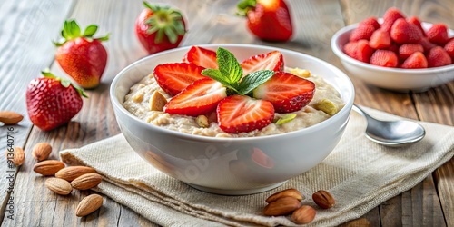 Delicious oatmeal porridge topped with fresh strawberries and nuts , healthy, breakfast, oats, fruit, nuts, food, meal, delicious