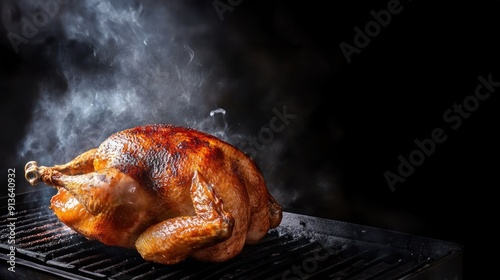 Large whole chicken on the grill with smoke rising from underneath showcasing the grilling process, cooked poultry, barbecue scene, food preparation #913640932