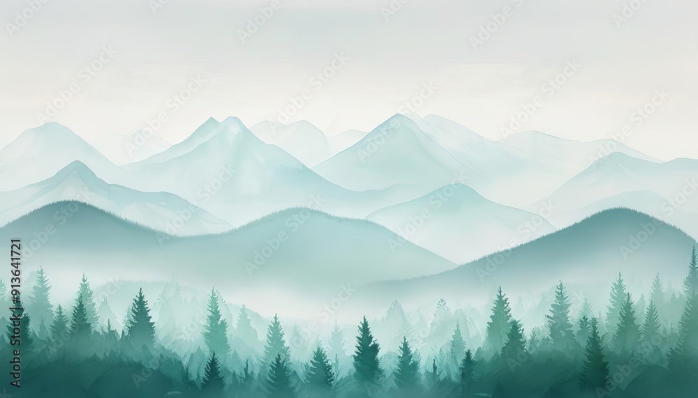 Obraz premium Mountain storm, rain showers over rugged peaks, misty valleys, watercolor style