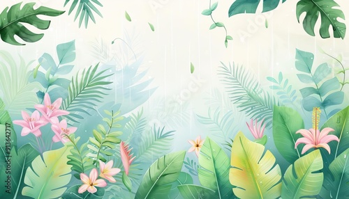 Tropical shower, lush vegetation soaked in rain, vibrant colors, watercolor style