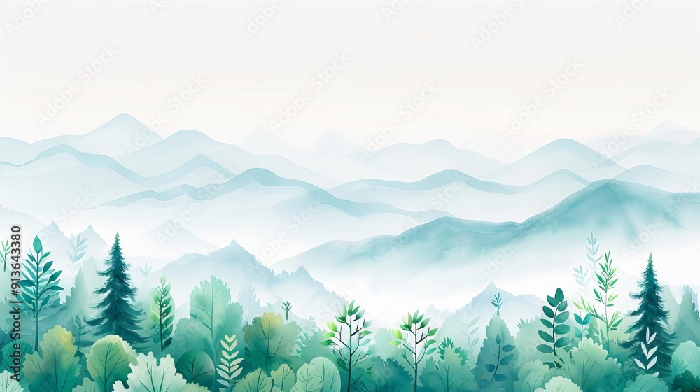 Fototapeta premium A drizzle over a mountain landscape, serene nature, watercolor illustration, soft pastels, isolated on white background