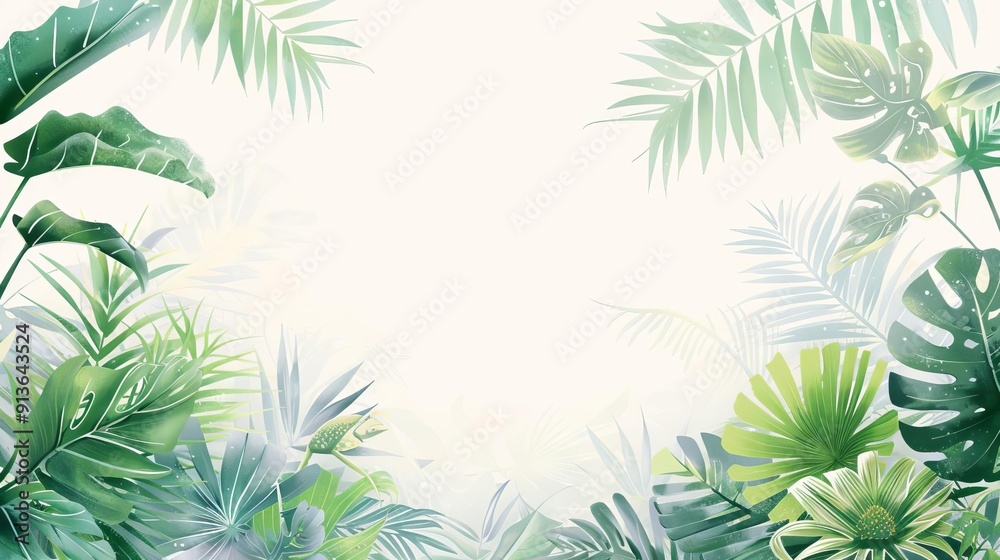 Fototapeta premium Drizzle in a tropical jungle, lush foliage, digital illustration, vivid greens, isolated on white background