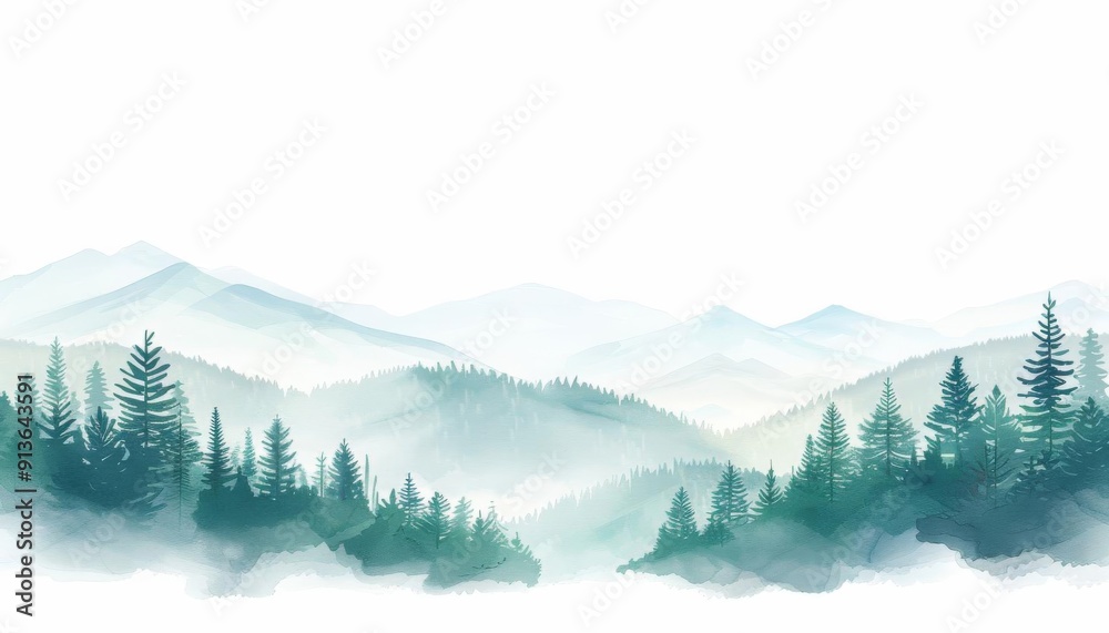 Obraz premium Drizzle in the mountains, alpine view, watercolor style, misty effect, isolated on white background