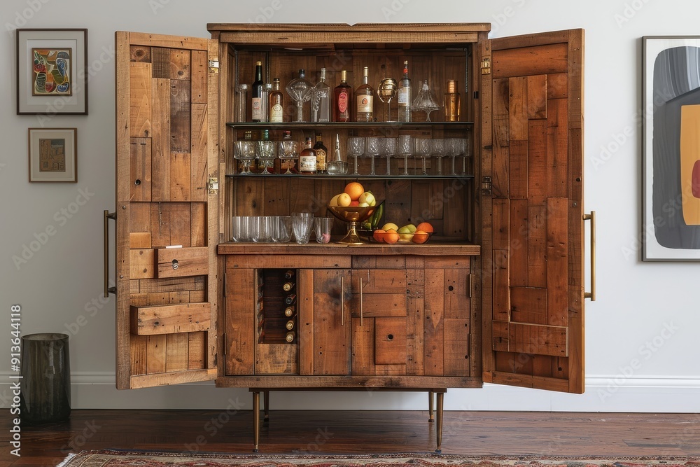 Fototapeta premium Distressed solid wood bar cabinet with brass hardware and metal legs, featuring cocktail glasses and decor, placed against a white wall with artwork and vintage rug.