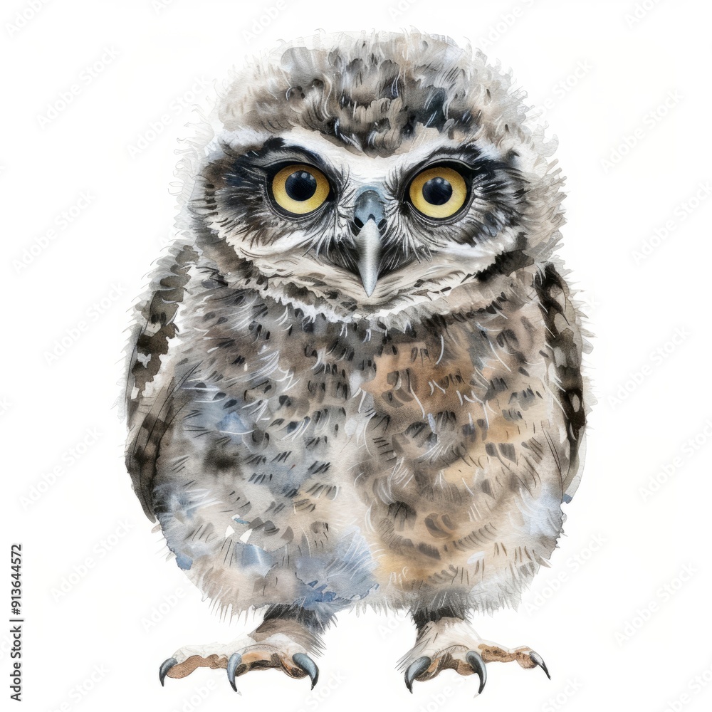 Watercolor painting of a baby owl, on isolated white background Watercolor painting of a baby owl, on isolated white background
