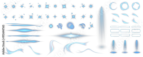 Set of realistic vector blue stars png. Set of vector suns png. Blue flares with highlights.	