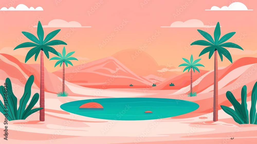 Fototapeta premium Desert oasis, palm trees and waterhole, flat design illustration
