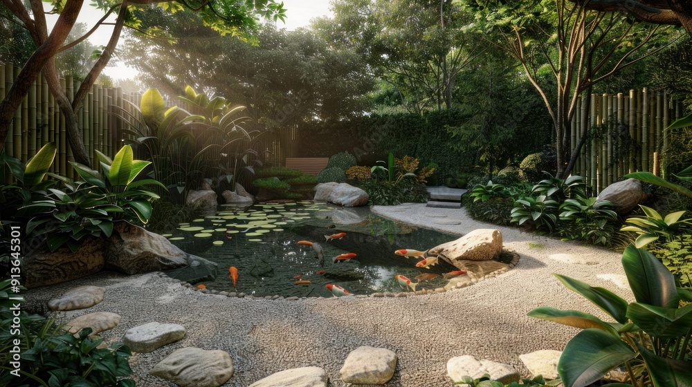 Serene Japanese Garden with Koi Pond Serene Japanese Garden with Koi Pond