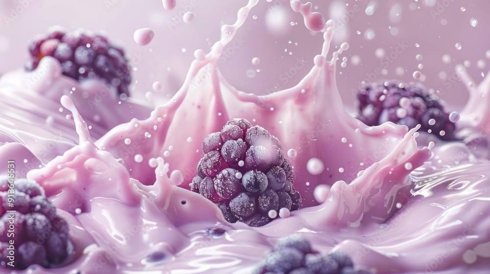 Closeup splash of grape pink milk smoothie drink with a raspberry and grape floating in it Closeup splash of grape pink milk smoothie drink with a raspberry and grape floating in it