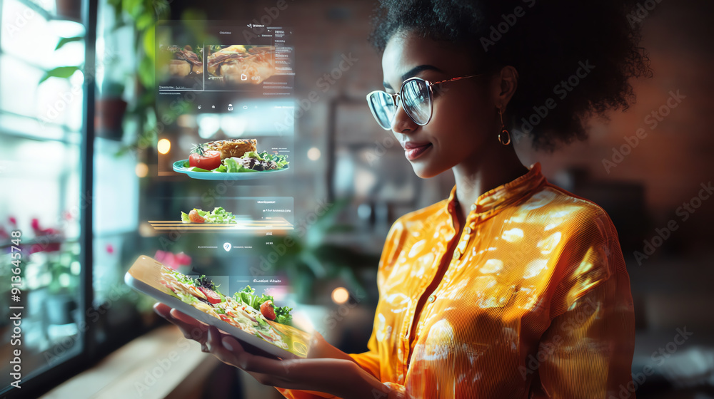 Fototapeta premium Woman using a tablet to browse recipes in a modern kitchen setting with holographic food images displayed.