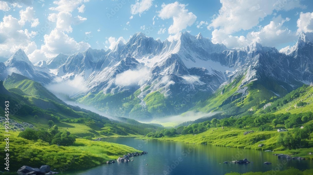 Majestic mountain backdrop with a serene valley prospect, breathtaking and tranquil natural landscape Majestic mountain backdrop with a serene valley prospect, breathtaking and tranquil natural landscape