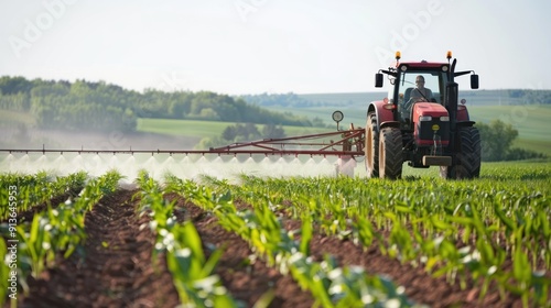 A man farmer is driving a tractor through a field of corn