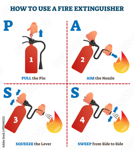 How to use a fire extinguisher PASS labeled instruction illustration, transparent background. Safety manual demonstration visualization with all process steps explanation.