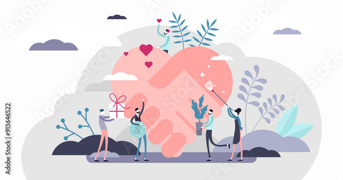 Voluntary help concept, flat tiny persons illustration, transparent background. Global health and financial crisis aid, and charity foundation activity. Social help support program.