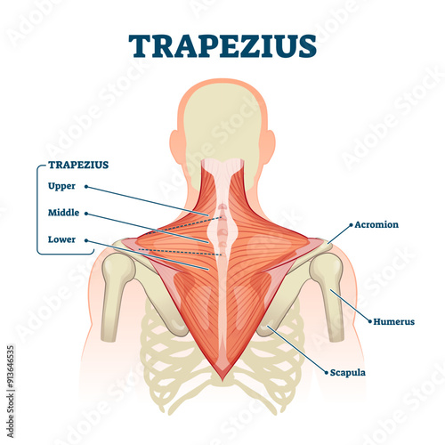 Trapezius muscle labeled medical anatomy structure scheme illustration, transparent background. Educational diagram with upper, middle and lower parts with acromion.
