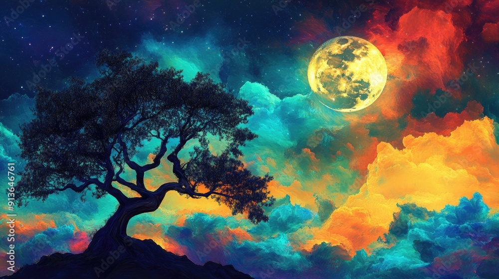 Tree on hill under full moon Tree on hill under full moon