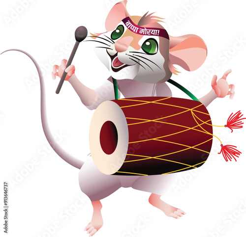 mouse, a vehicle of Lord Ganesha, Having a headband written 'lord Ganesha bless us' getting ready for India's biggest Festival Ganapati Festival, rat as a musician.