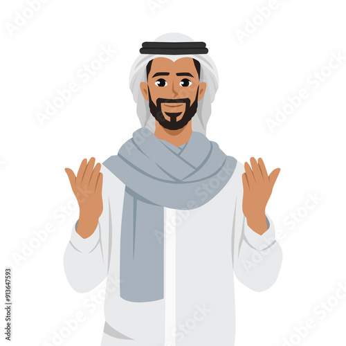 Muslim man Pray salam greetings welcoming on Ramadan Kareem. Flat Vector Illustration Isolated on White Background