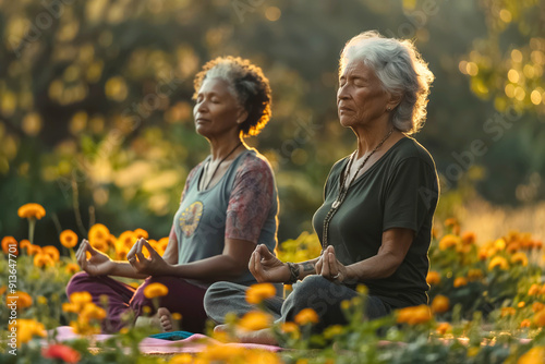 Two friends meditate together in a serene garden, surrounded by vibrant flowers, embodying peace and connection. A perfect bond celebration. photo