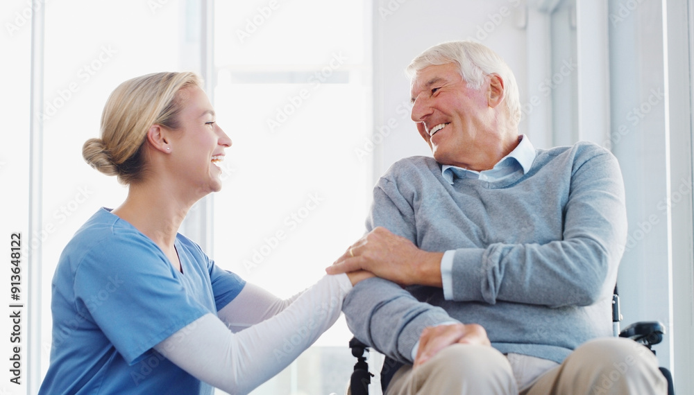 Obraz premium Caregiver, smile and old man with wheelchair, assistance and support for senior patient with disability. Clinic, nurse and elderly person with compassion, care and checkup for healthcare and wellness