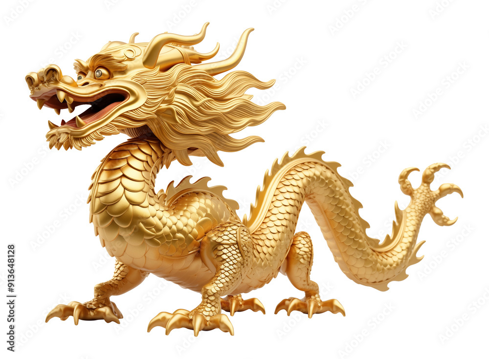 Fototapeta premium Golden Chinese Dragon Statue Isolated on Transparent Background 