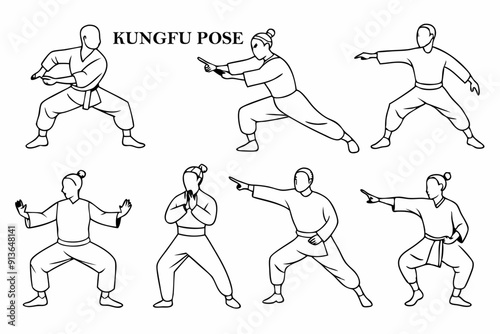 Set of silhouete black and white kungfu pose, sport pose 