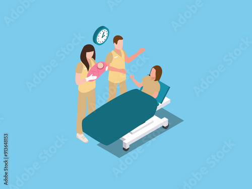 Doctor gives spirit to mother carrying baby her newborn child. After labor in hospital. Medical performing cesarean sections 3d vector illustration concept