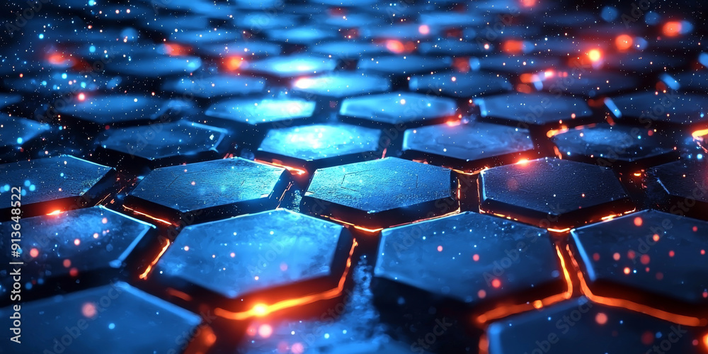 Fototapeta premium Creative blue hexagonal background with binary code. Technology, design and landing page concept