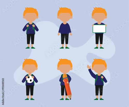 School kids student vector characters set. Back to school boy cartoon characterswith school uniform talking and doing educational activities 2d flat vector illustration