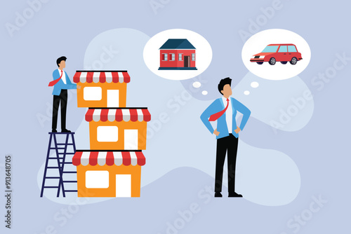 develop business and improve shop. property investment business. add and multiply store branches. franchise business 2d flat vector illustration